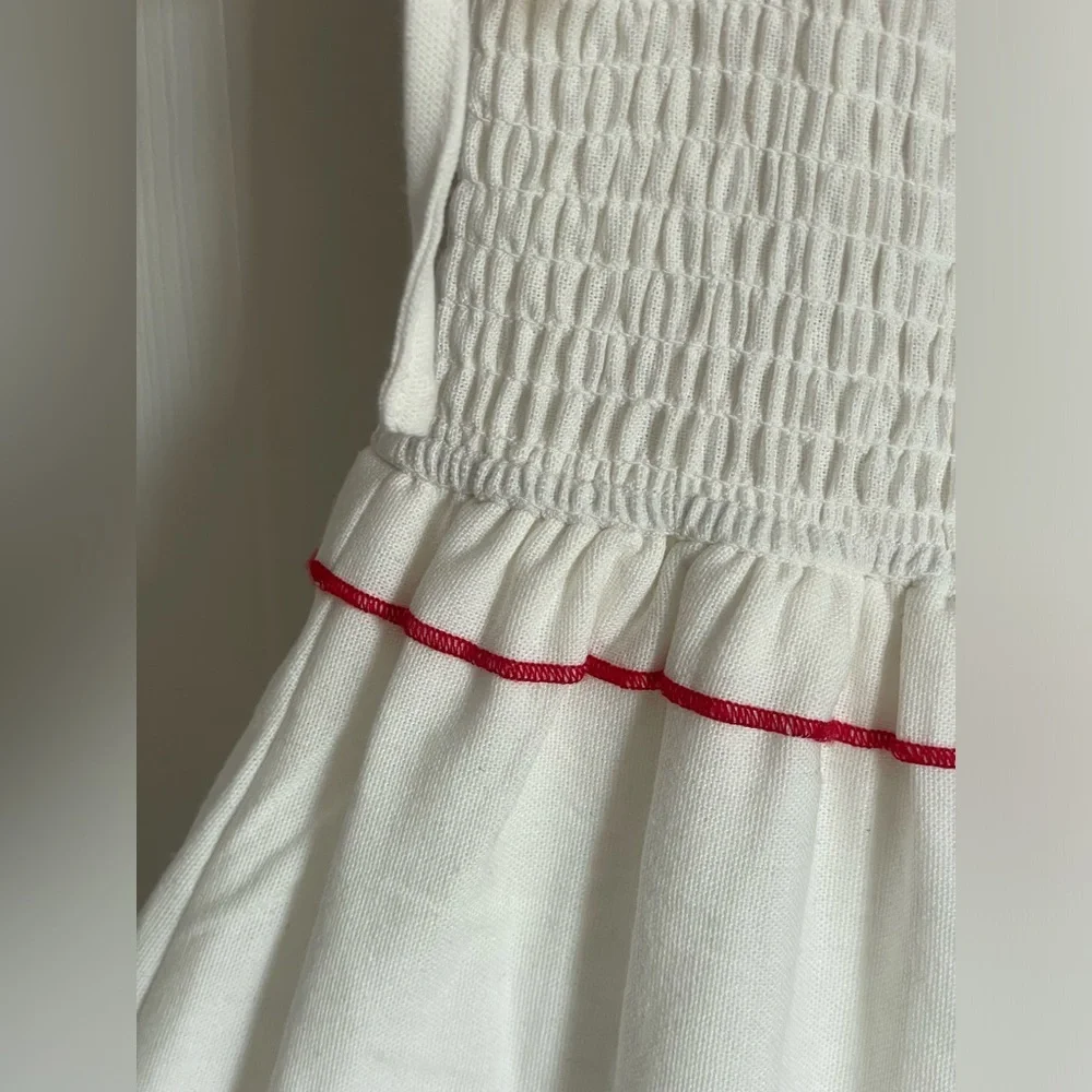 Embroidered Linen Midi Dress M Red White Countryside Cottage Classic Feminine - Picture 7 of 17